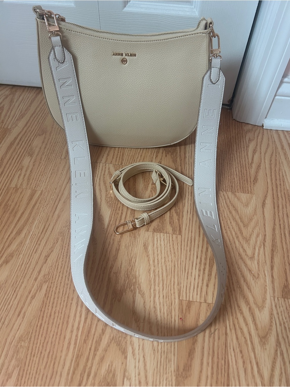 Anne Klein Cream Pebbled Leather Shoulder Bag with Logo Strap